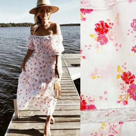 LoveShackFancy X Target Cosette Floral Midi Dress Smocked Cottagecore Lace Pink - Picture 3 of 14